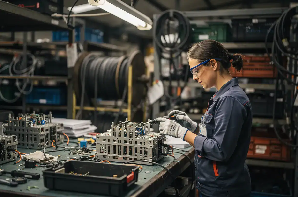 Een vrouw met veiligheidsbril en handschoenen werkt aan elektronische onderdelen op een werkbank in een werkplaats.