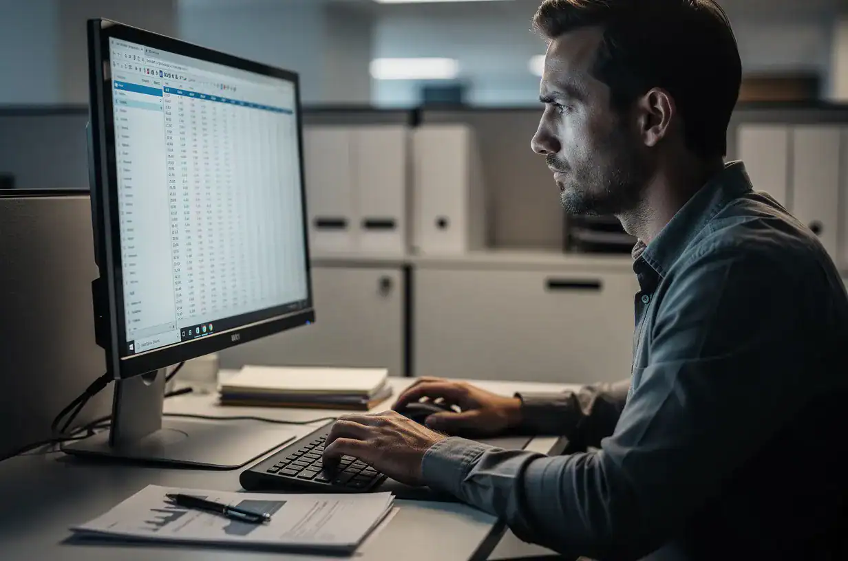 Een man in een grijs overhemd werkt geconcentreerd achter een computer met gegevens in een kantooromgeving.