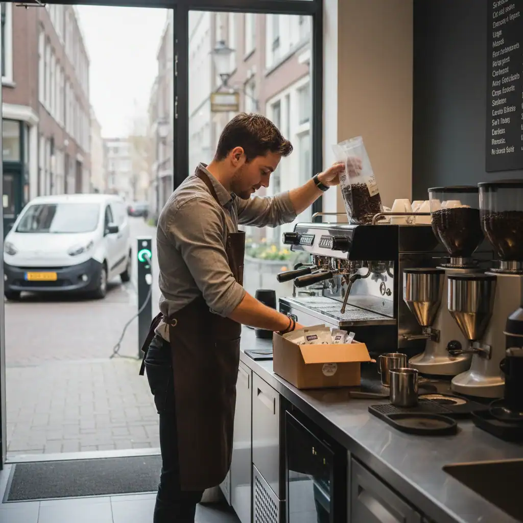 Koffie operator universiteit met bestelbus