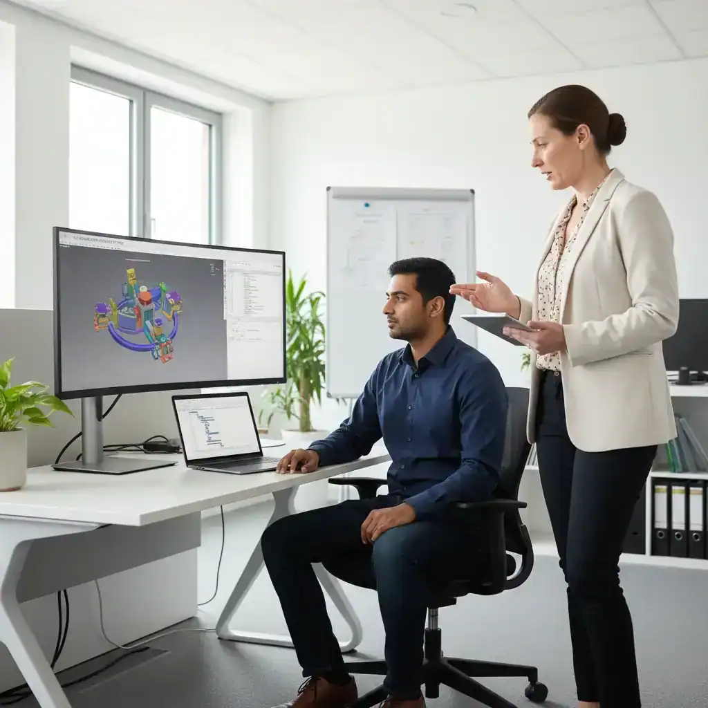 Collega's overleggen aan een bureau, officemanager in Nijmegen