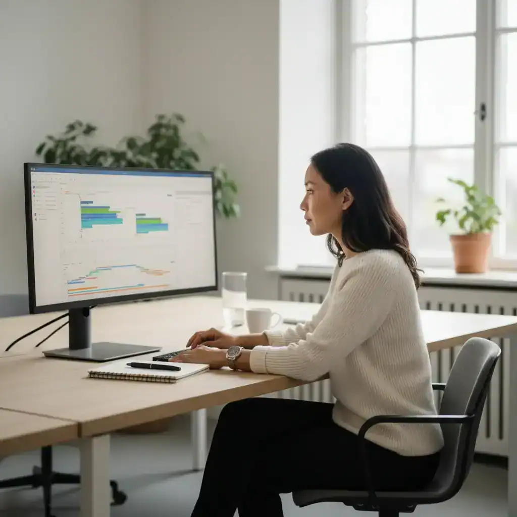 Administratief medewerker in Westland bekijkt cijfers op een computerscherm