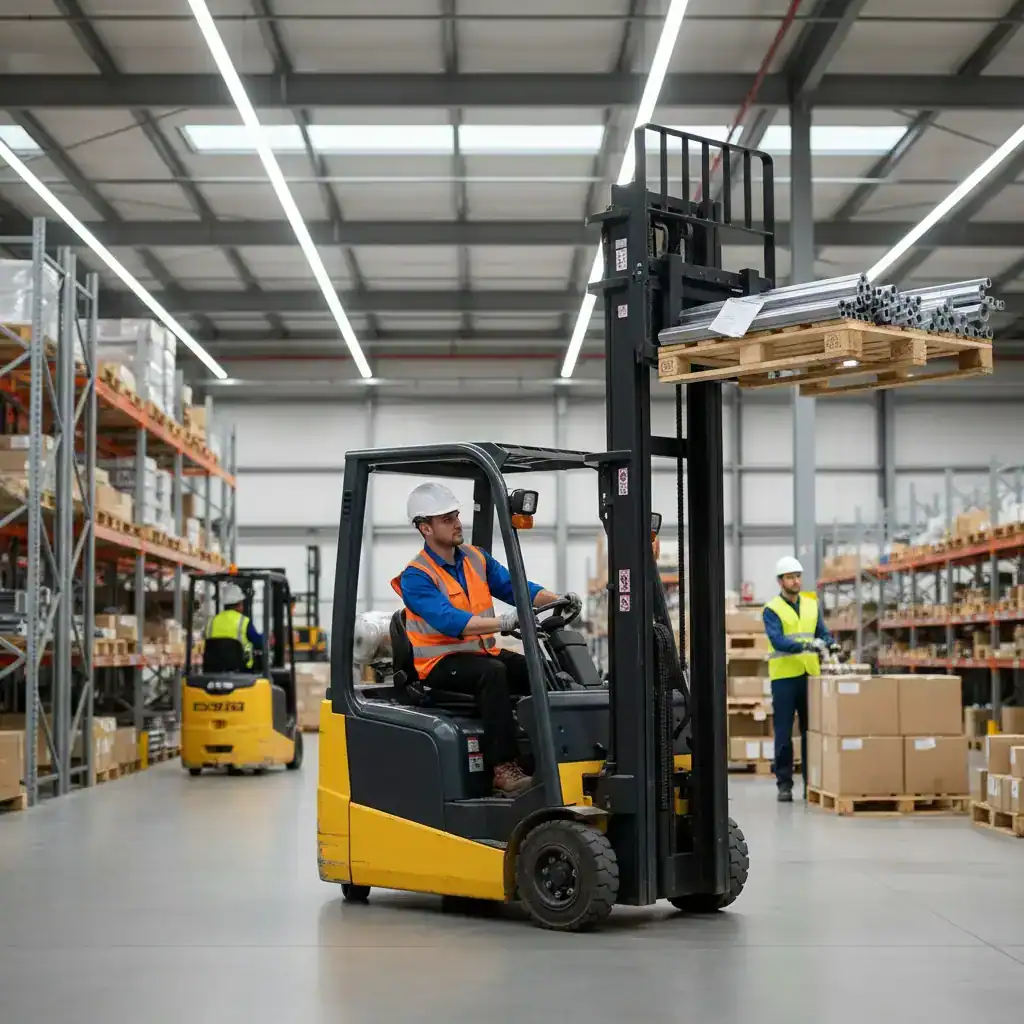 Heftruckchauffeur in Waalwijk rijdt met een geheven pallet door het magazijn