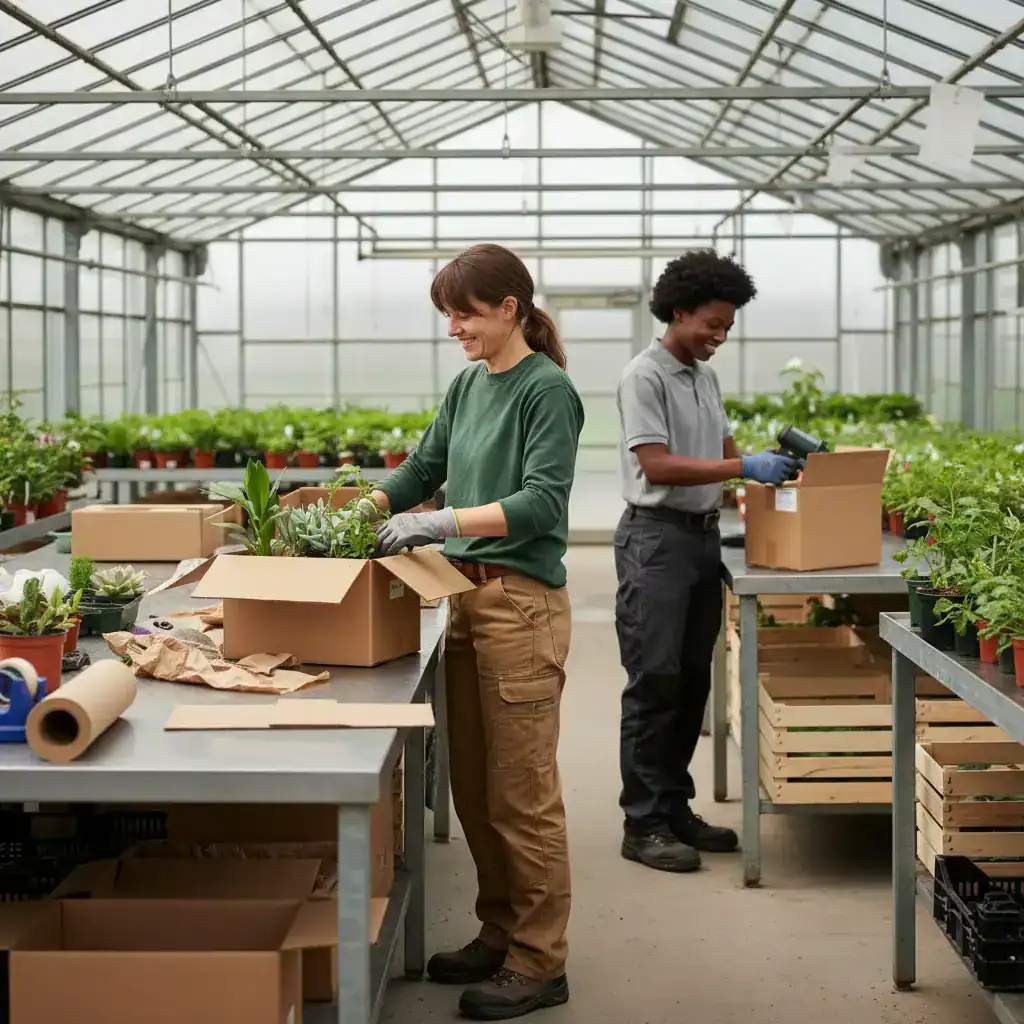 Logistieke bedrijven in Westland: medewerkers pakken planten in tussen de kassen