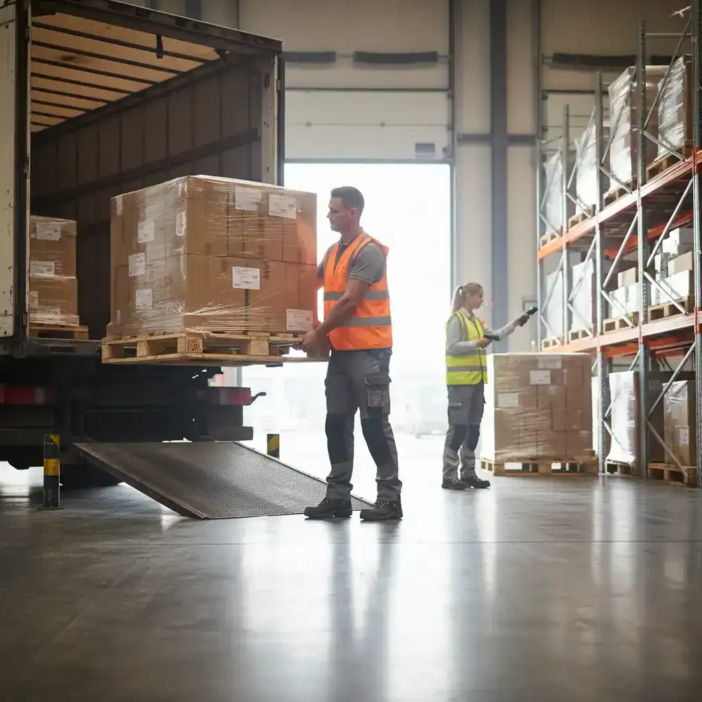 Logistieke bedrijven in Zaltbommel: medewerkers scannen pallets bij een vrachtwagen