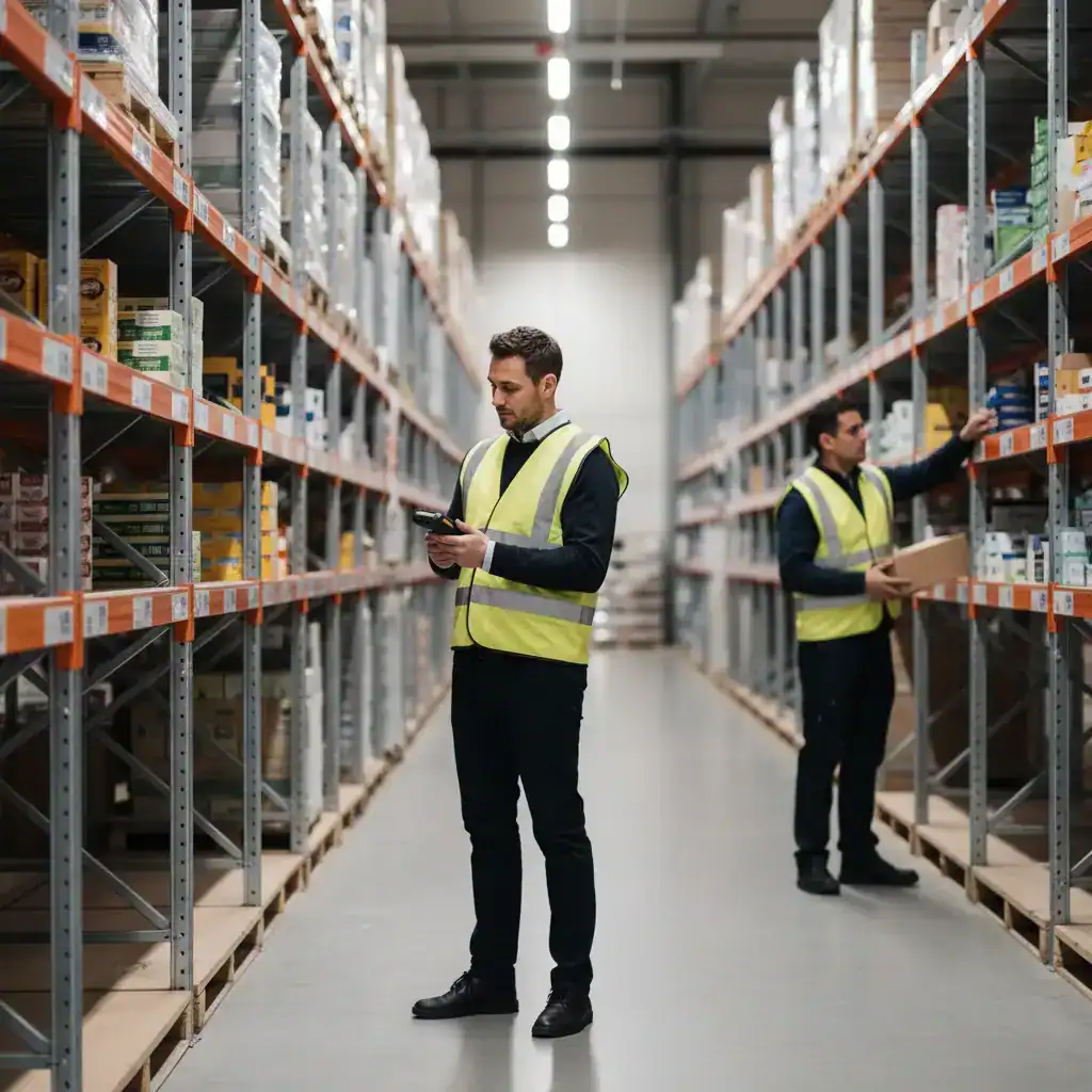 Orderpicker in Waalwijk pakt een bestelling uit de stelling met een scanner