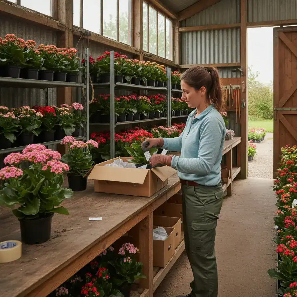 Orderpicker in Westland verzamelt planten uit de stellingen in een distributiecentrum