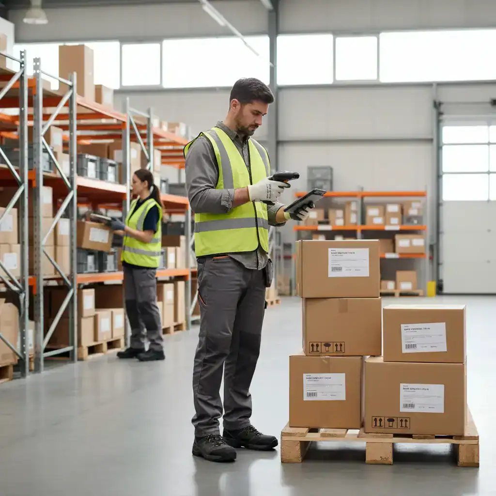 Orderpicker in Zaltbommel scant dozen op een pallet met een handscanner