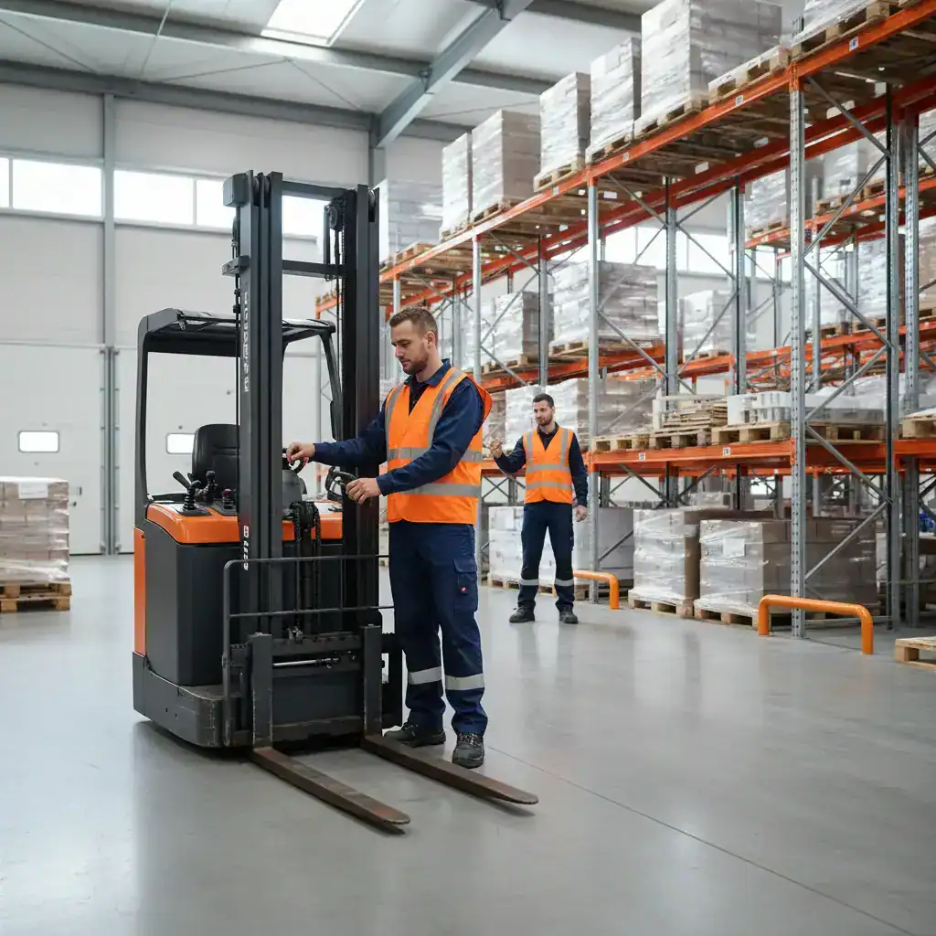Reachtruckchauffeur in Heerhugowaard bij de reachtruck in het magazijn