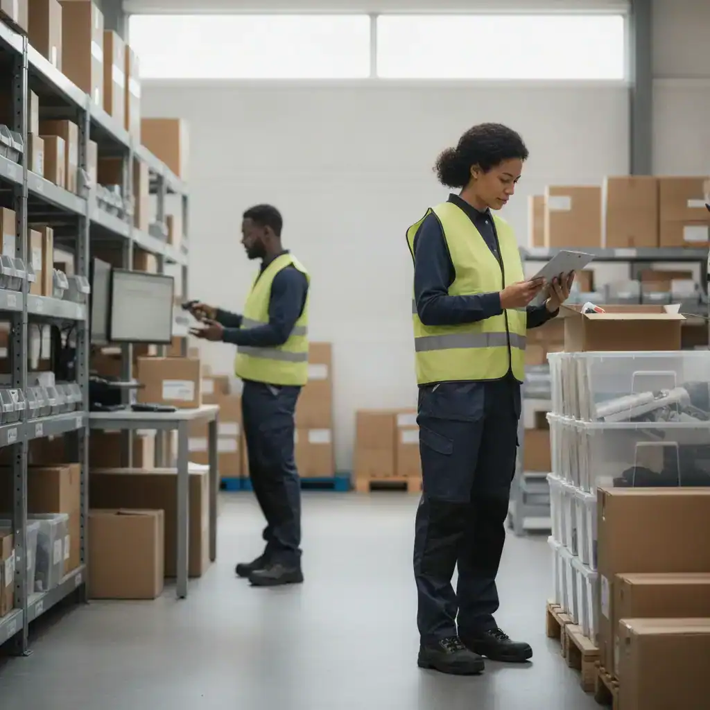 Vacatures logistiek in Waalwijk: twee collega's controleren goederen tussen de stellingen