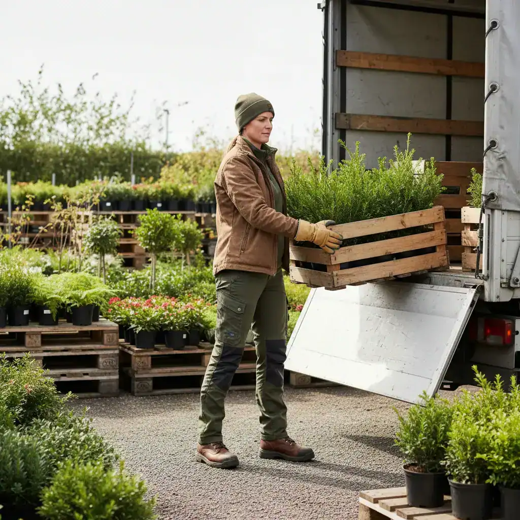 Logistiek in Westland: medewerker draagt een krat met planten door een distributiecentrum