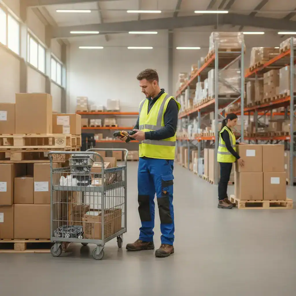 Logistiek in Zaltbommel: medewerker scant goederen bij een kar tussen de stellingen
